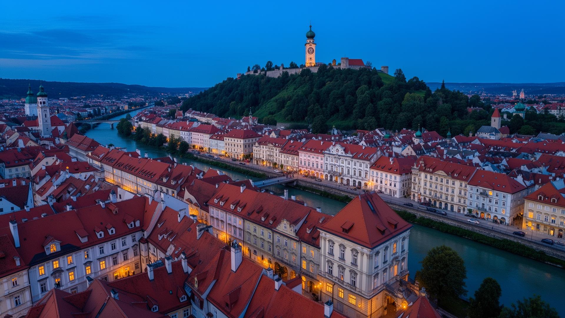 Premium-Gebäudereinigung, moderne Glasfassade und historische Steinfassade in der Dämmerung